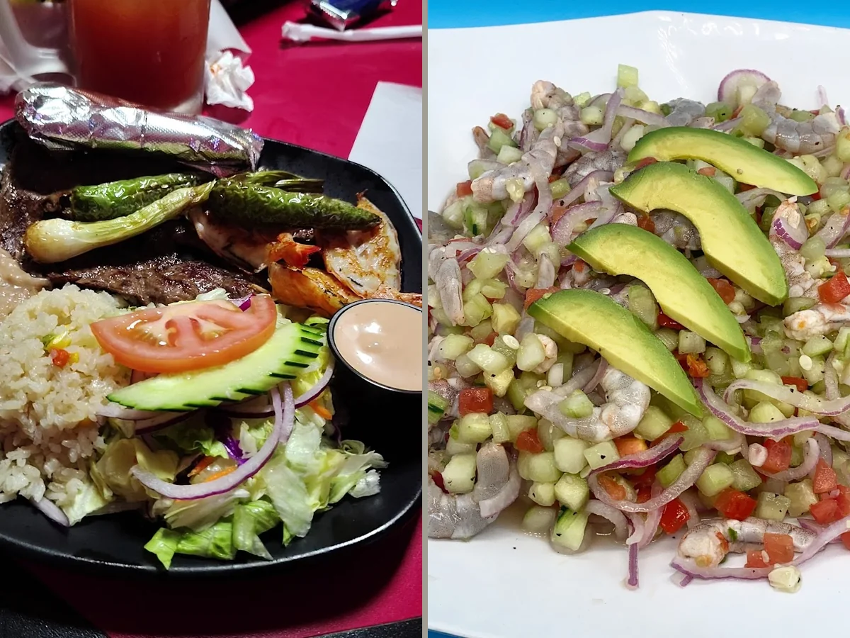 Colorful dishes beside drinks and table service.