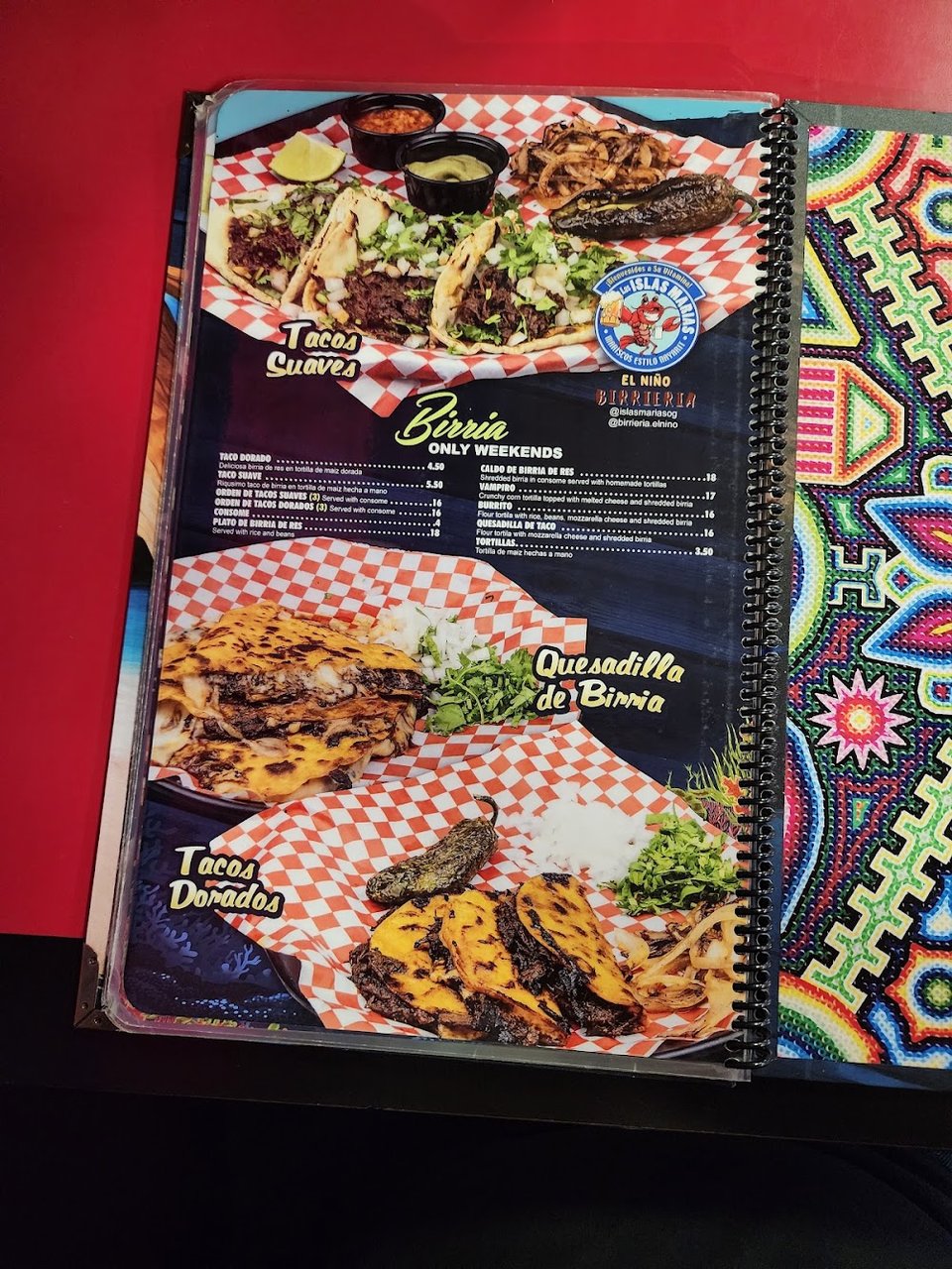 Printed menu for seafood and comfort food.